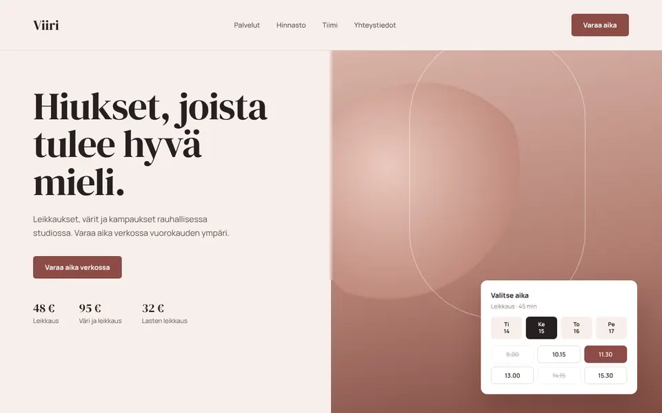 Hiusstudio Viiri – verkkosivun etusivu tietokoneella