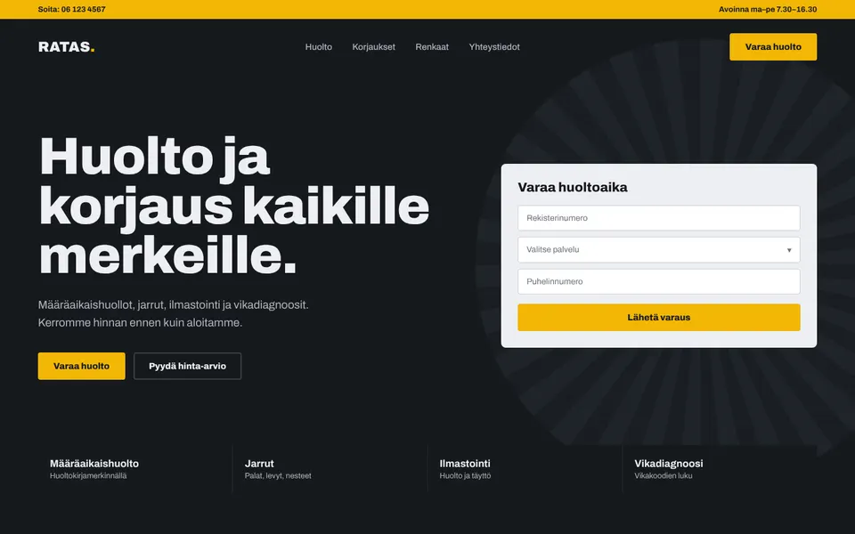 Korjaamo Ratas – Autokorjaamo, verkkosivun etusivu